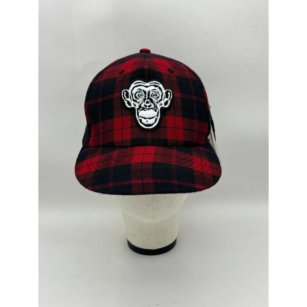 Monkey Sport Plaid Hat S/M Red Black Tartan Baseball Cap NWT Embroidered Monkey